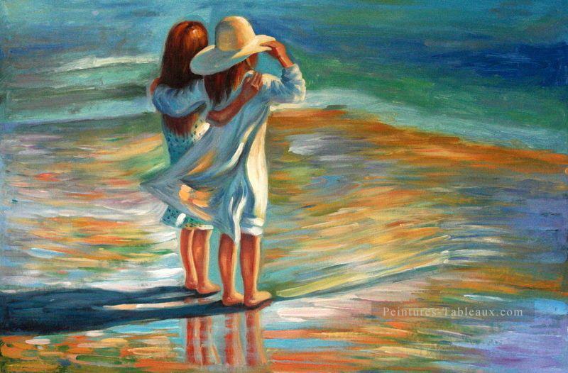 filles regardant la mer plage Impressionnisme enfant Peintures à l'huile